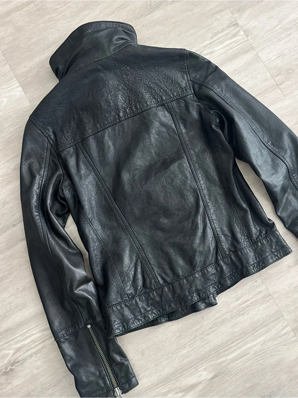 All Saints Vintage Black Leather Asymmetric Zip Jacket - Picture 9 of 16